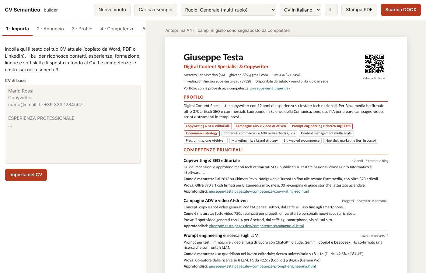 Il CV builder con anteprima A4